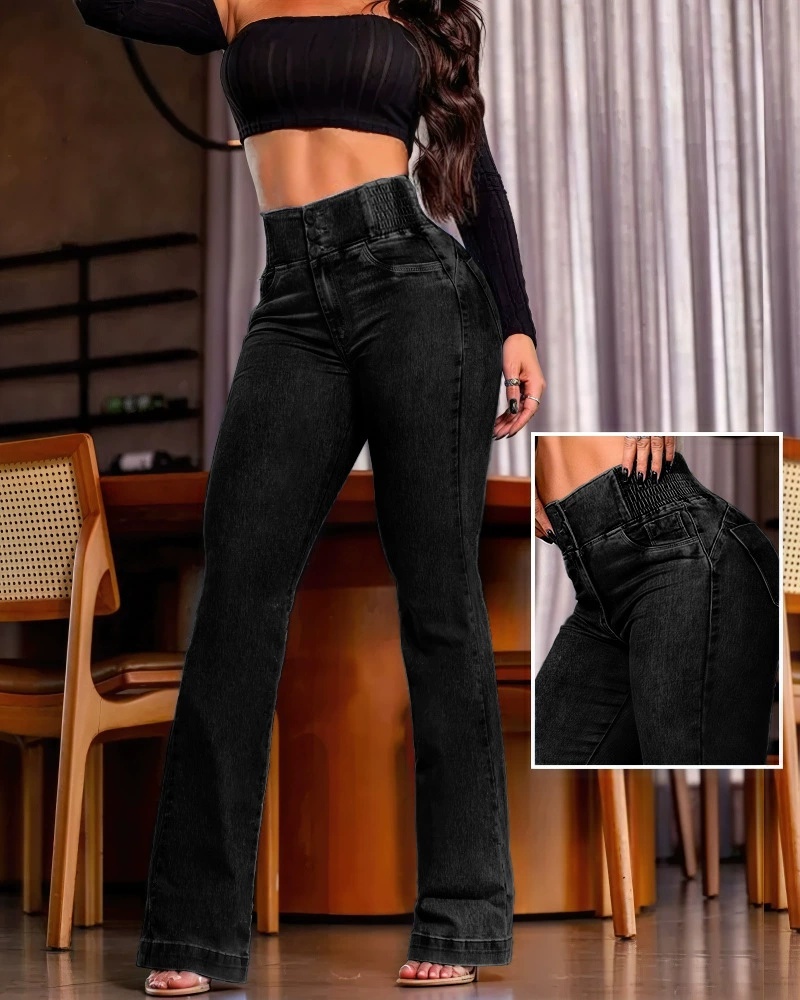 Sexy Elegant New Fashion Casual Female Trouser Bottom Back Shirred Button Front High Waist Jeans - Image 8