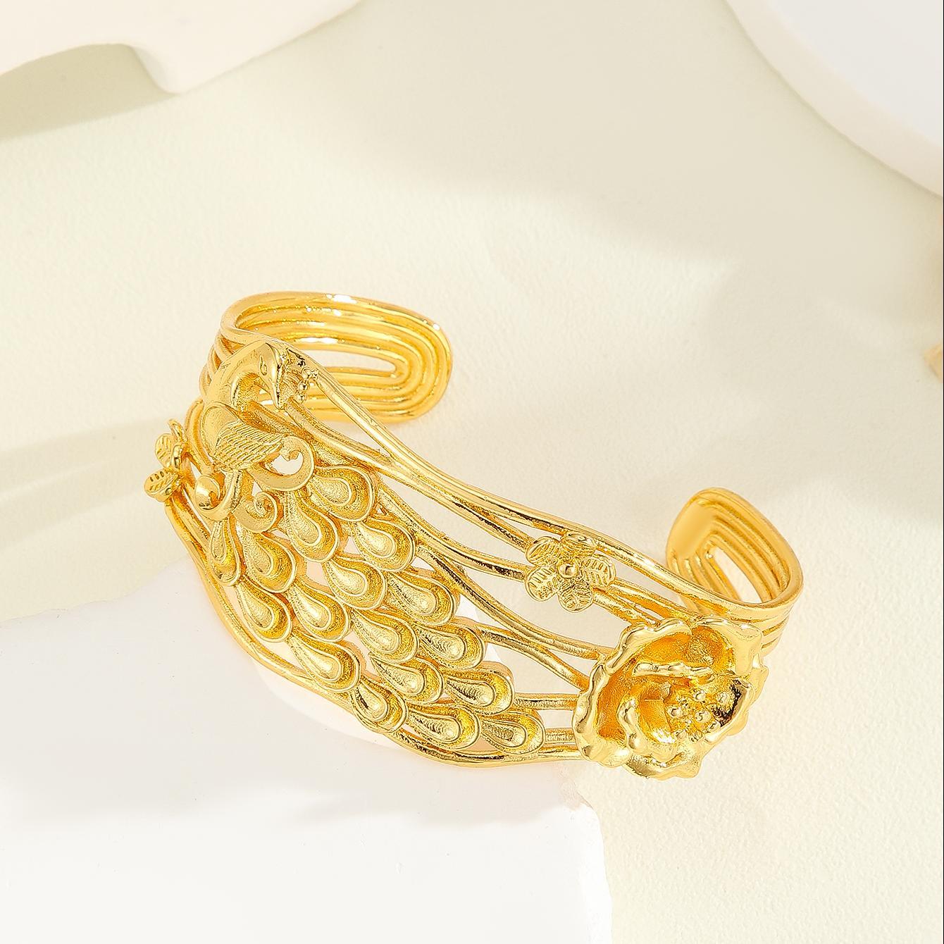 1pcs Vintage Luxury Carved Texture Gold Bracelet, Exquisite Peacock, Flower Patterned Bracelet - Image 5