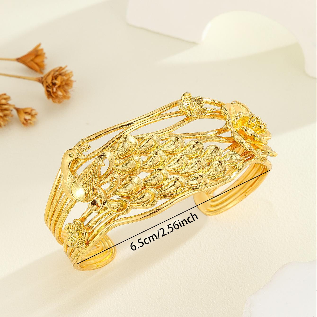 1pcs Vintage Luxury Carved Texture Gold Bracelet, Exquisite Peacock, Flower Patterned Bracelet - Image 2