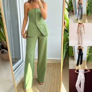 Graceful Tube Top Suit Fashion Button Sleeveless Top And Straight Pants Women's Trousers Set
