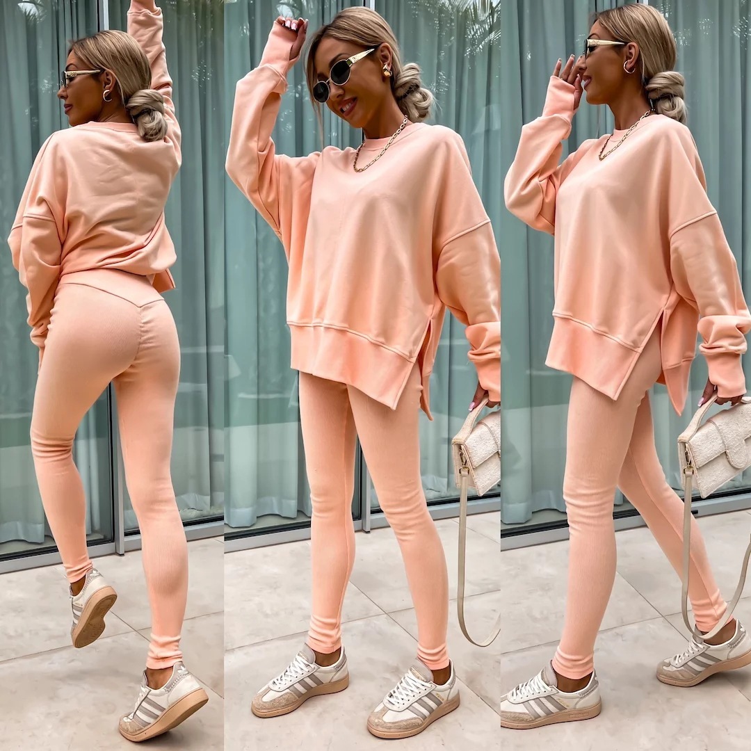 Sweater Suit Women's Casual Loose Long Sleeve Crew Neck Split Top Tight Trousers - Image 2
