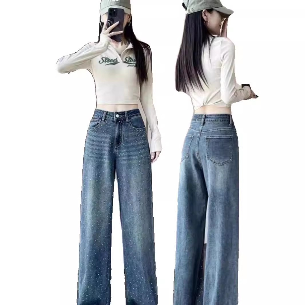Korean Style Rhinestone High Waist Narrow Wide Leg Jeans - Image 6
