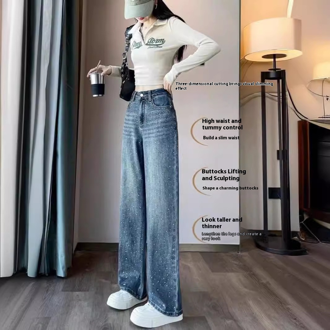 Korean Style Rhinestone High Waist Narrow Wide Leg Jeans - Image 5