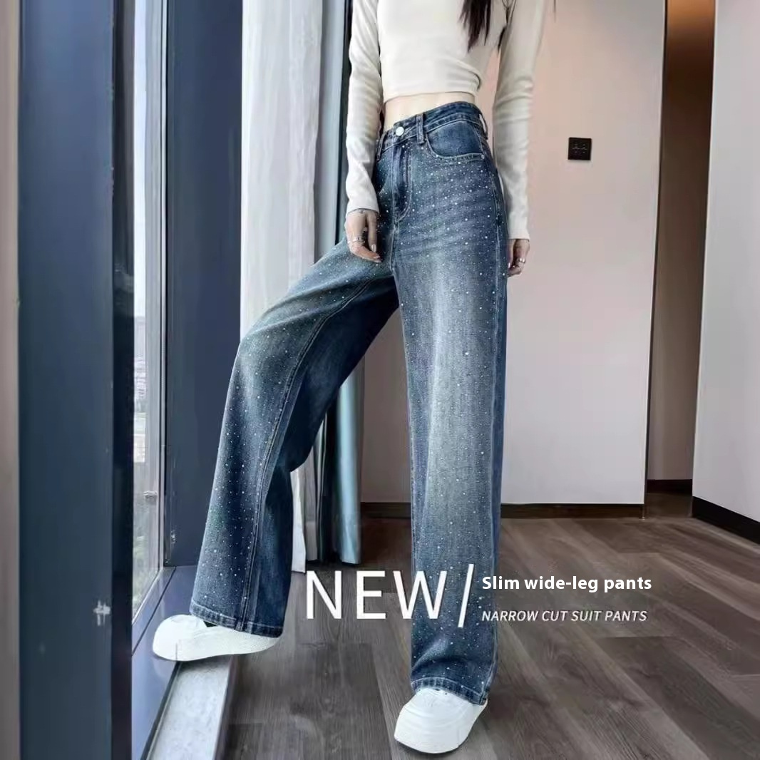 Korean Style Rhinestone High Waist Narrow Wide Leg Jeans - Image 4