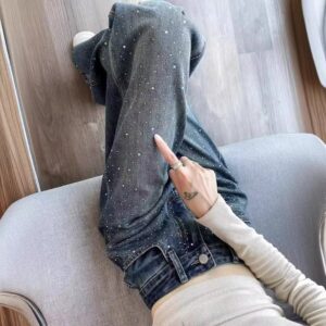 Korean Style Rhinestone High Waist Narrow Wide Leg Jeans