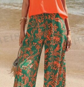 Women's Solid V-Neck Short Sleeve Top And Botanical Print Pants